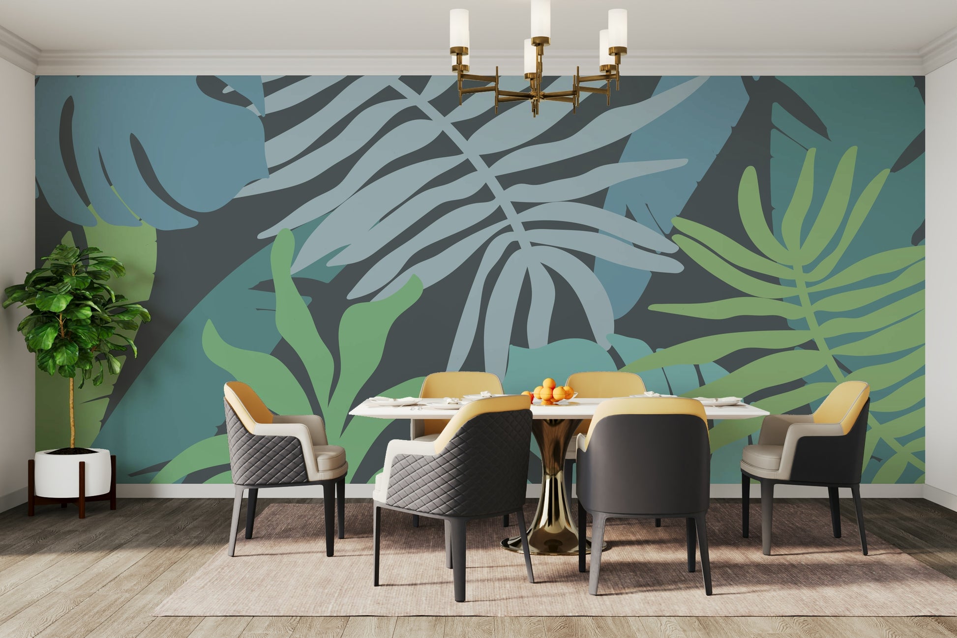 An artistic exotic leaf mural on minimalist wallpaper.

