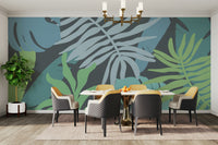 An artistic exotic leaf mural on minimalist wallpaper.

