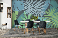 A peaceful open jungle mural on decorative wallpaper.

