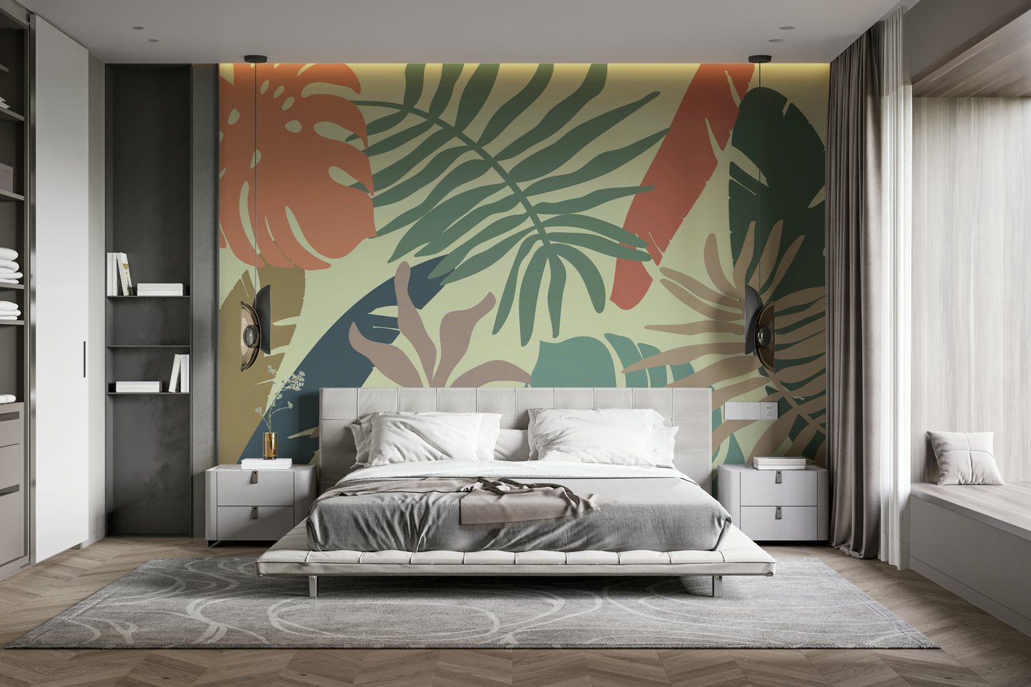 A peaceful botanical design mural on decorative wallpaper.

