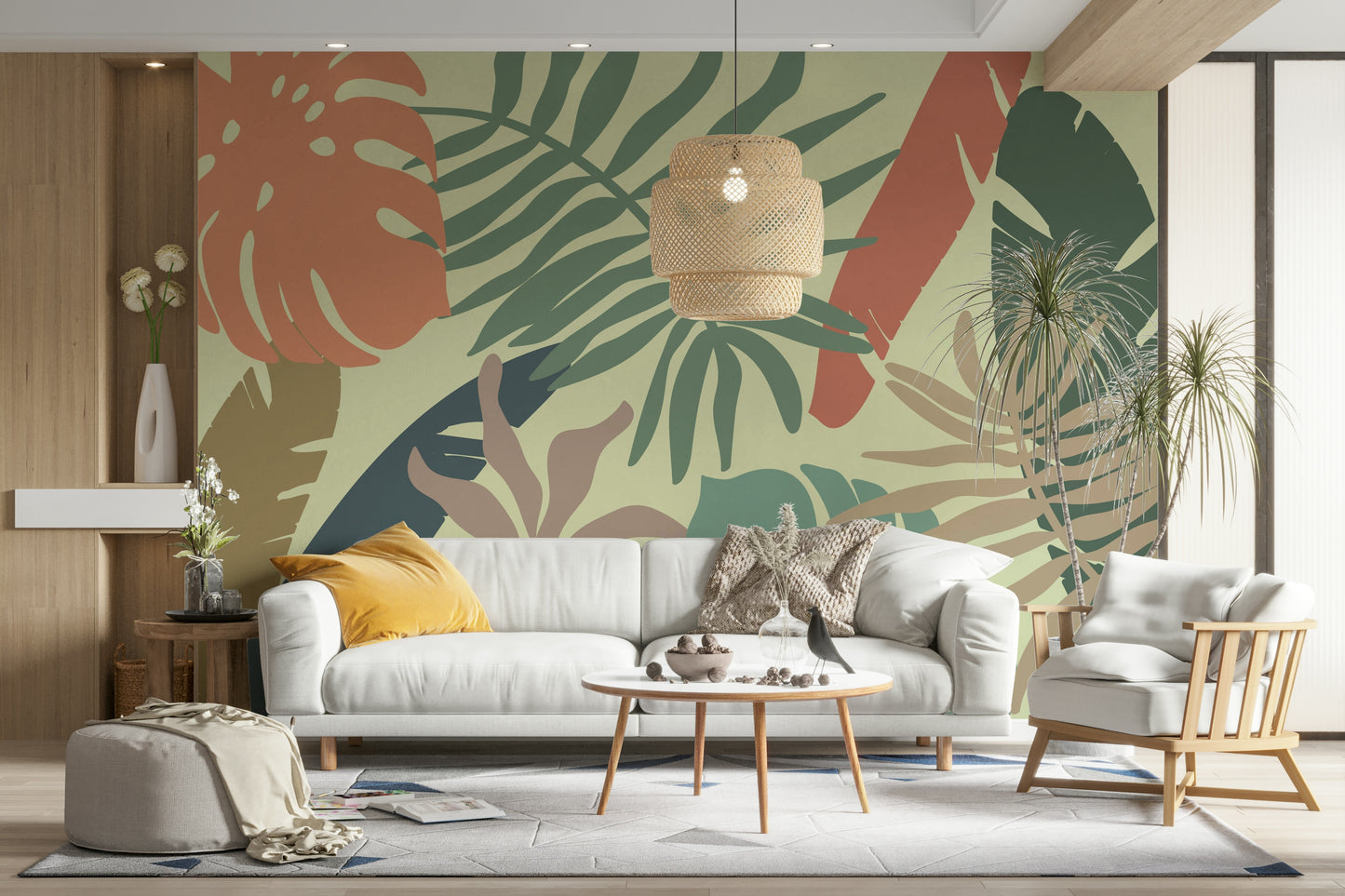 An artistic lush foliage mural on minimalist wallpaper.

