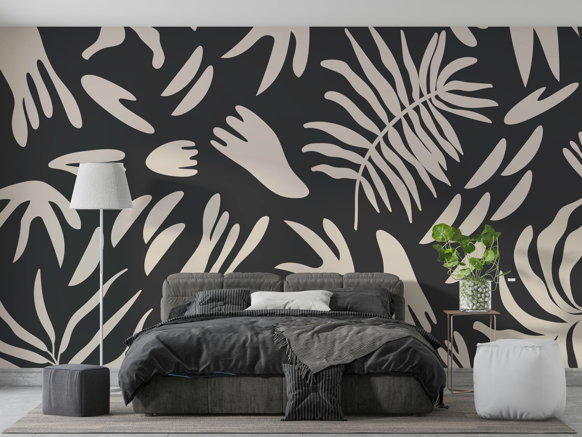 A peaceful abstract organic mural on decorative wallpaper.

