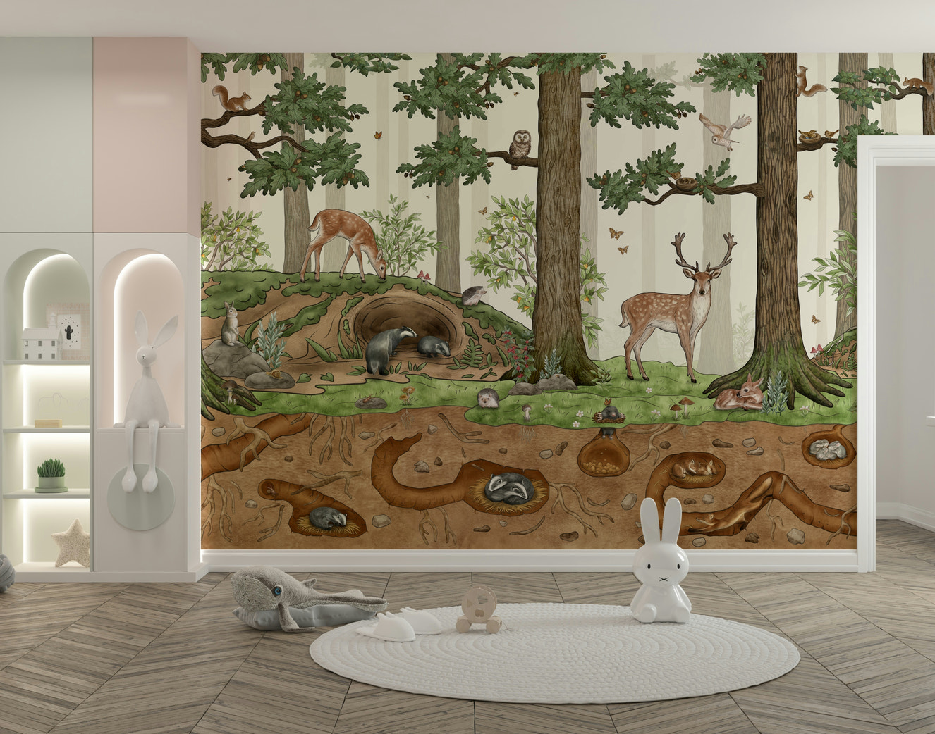 A beautiful forest friends wallpaper mural for a child's room.

