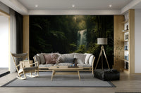 A peaceful forest waterfall mural on decorative wallpaper.


