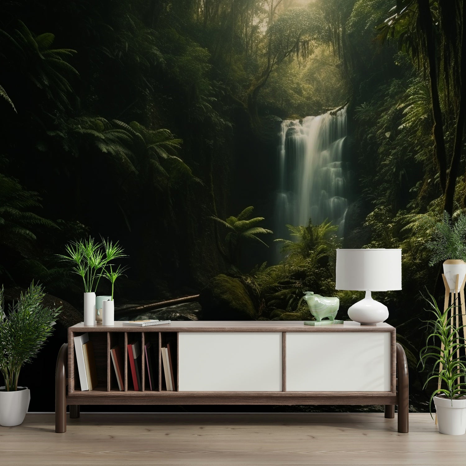 A calming serene forest wallpaper mural that defines a space.

