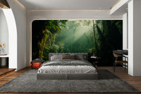 A peaceful open forest mural on decorative wallpaper.

