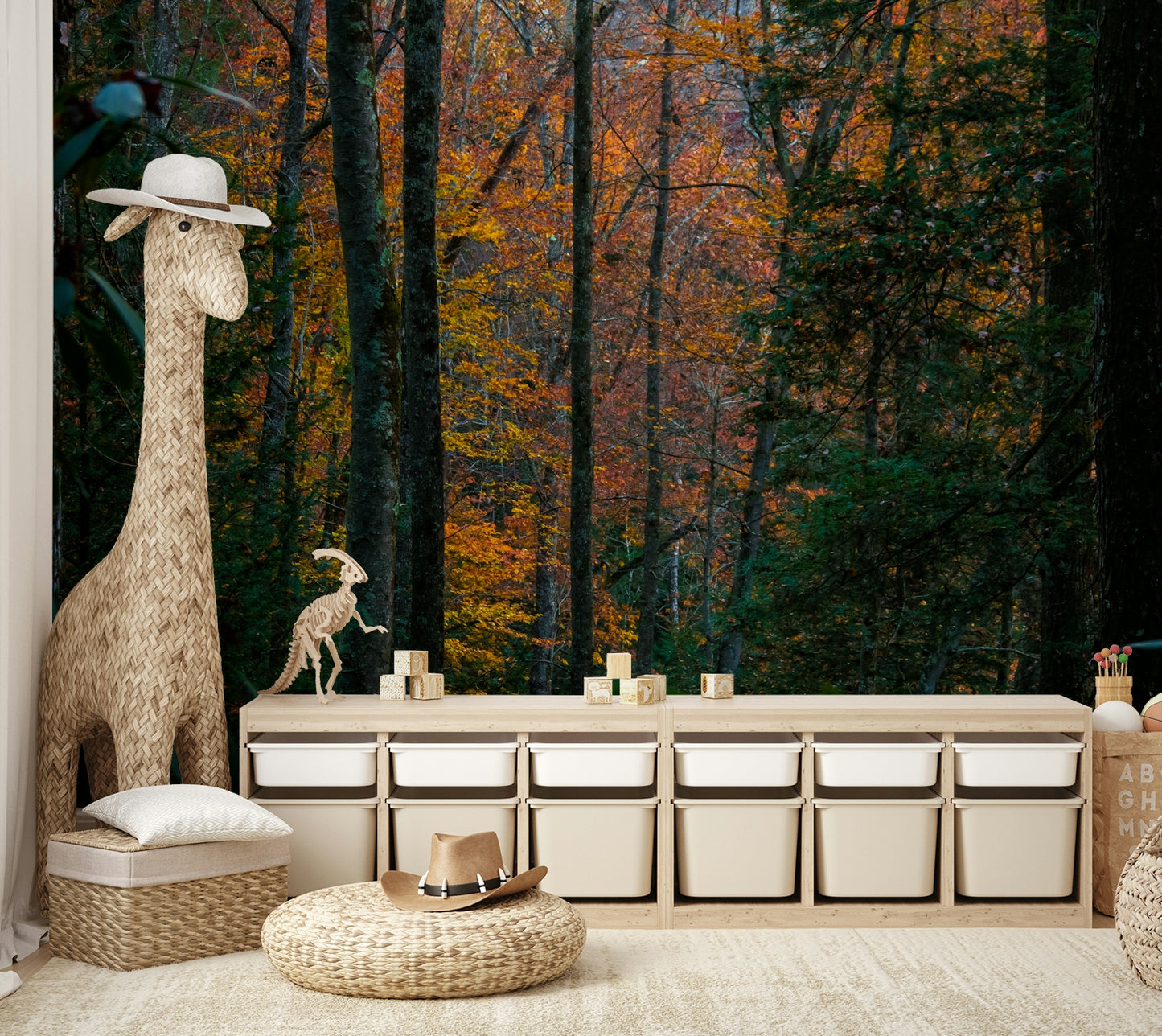 A beautiful wide-angle wall mural of a pine forest.

