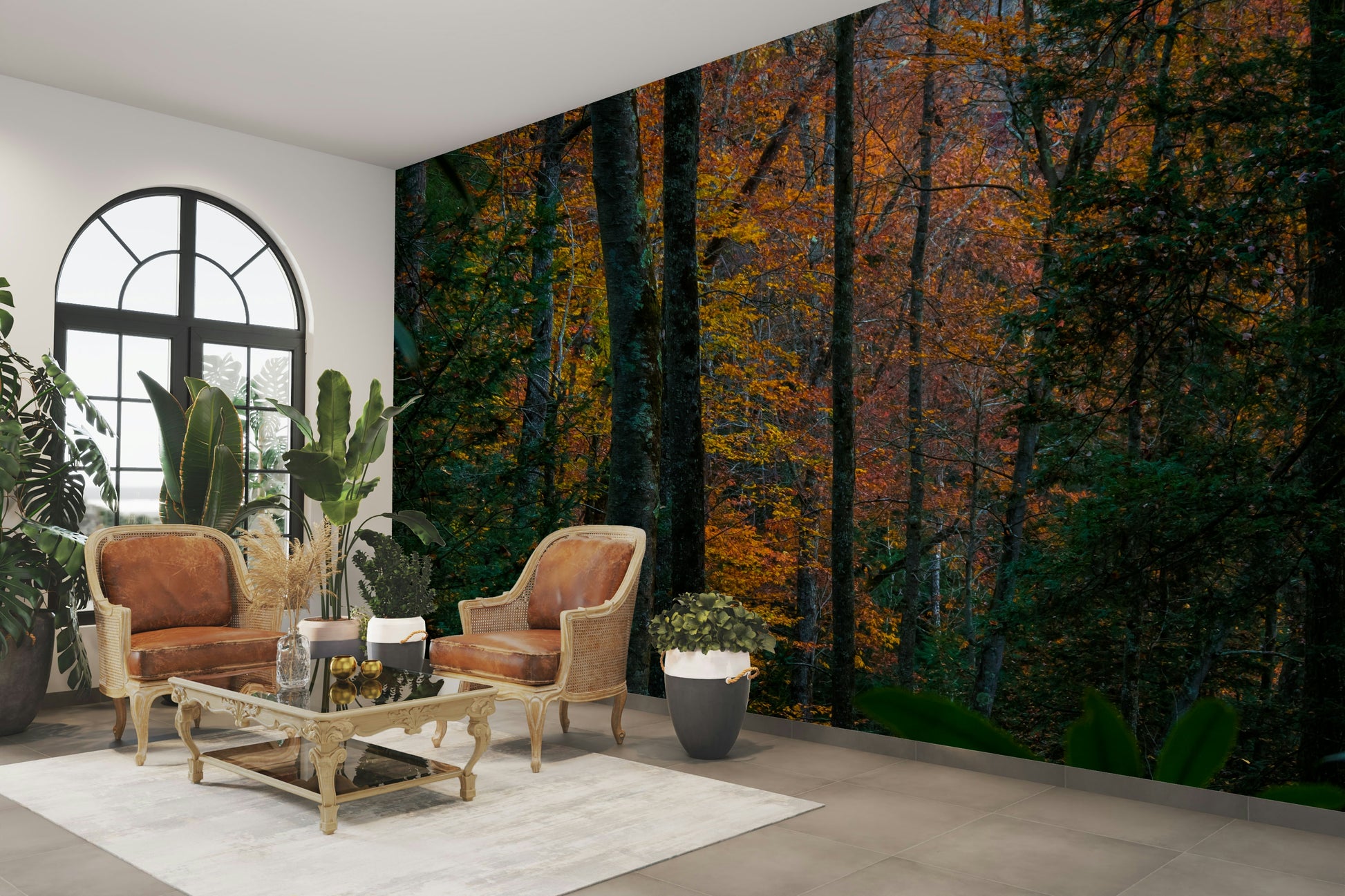 An artistic lush tree mural on minimalist wallpaper.

