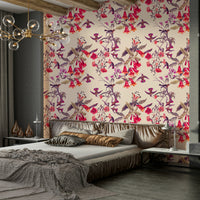 A peaceful botanical aviary mural on decorative wallpaper.

