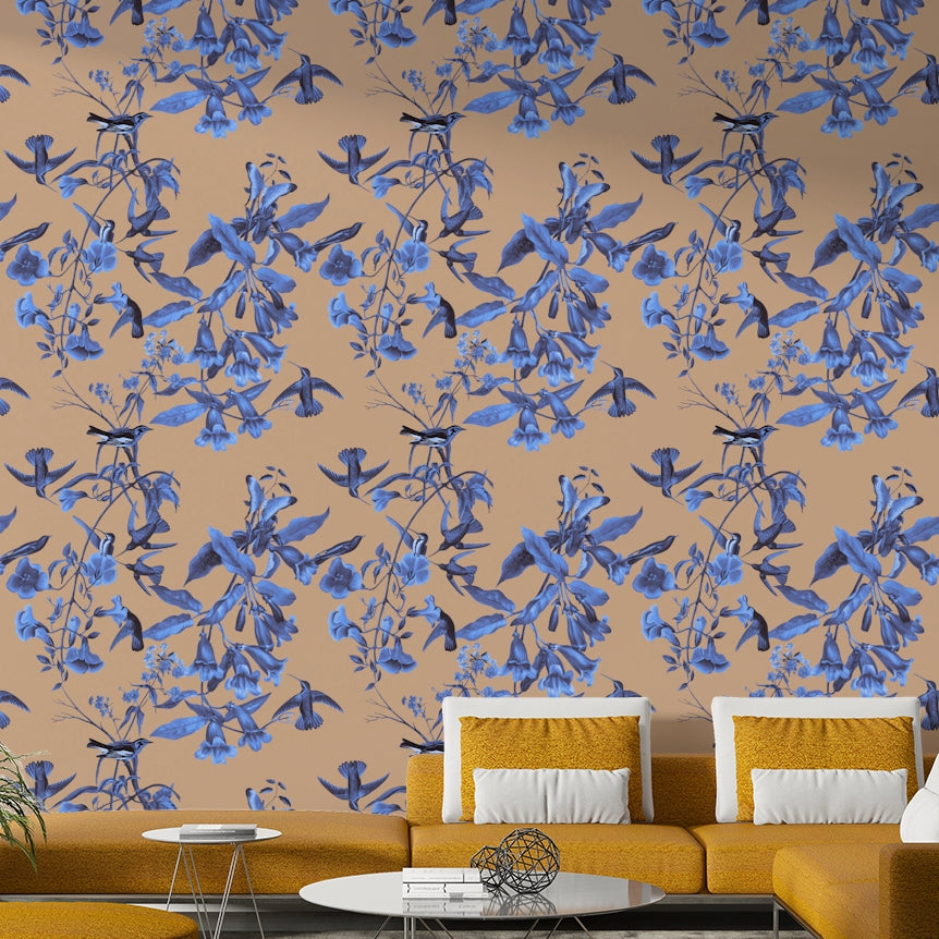 A peaceful botanical garden mural on decorative wallpaper.

