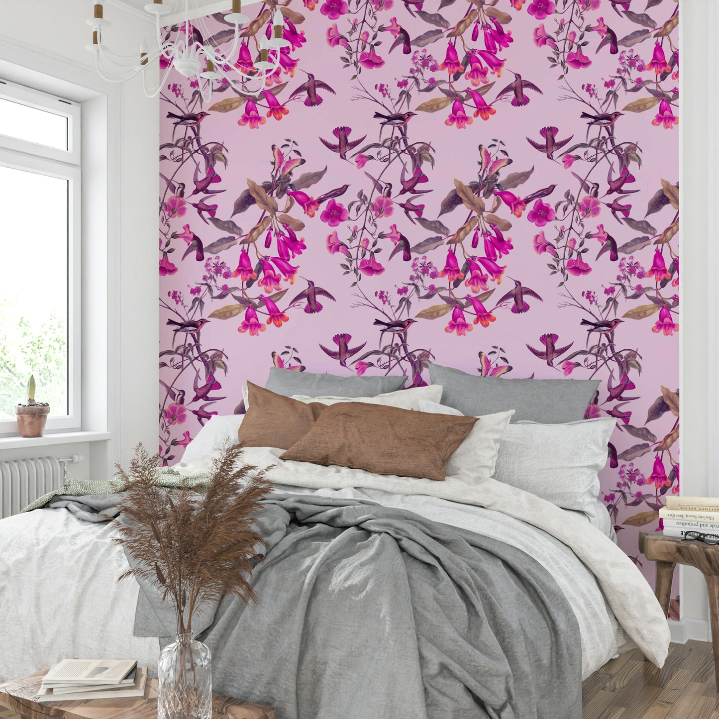 An artistic bird and flower mural on luxury wallpaper.


