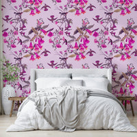 A graceful subtle bird wall mural in rich, magenta tones.

