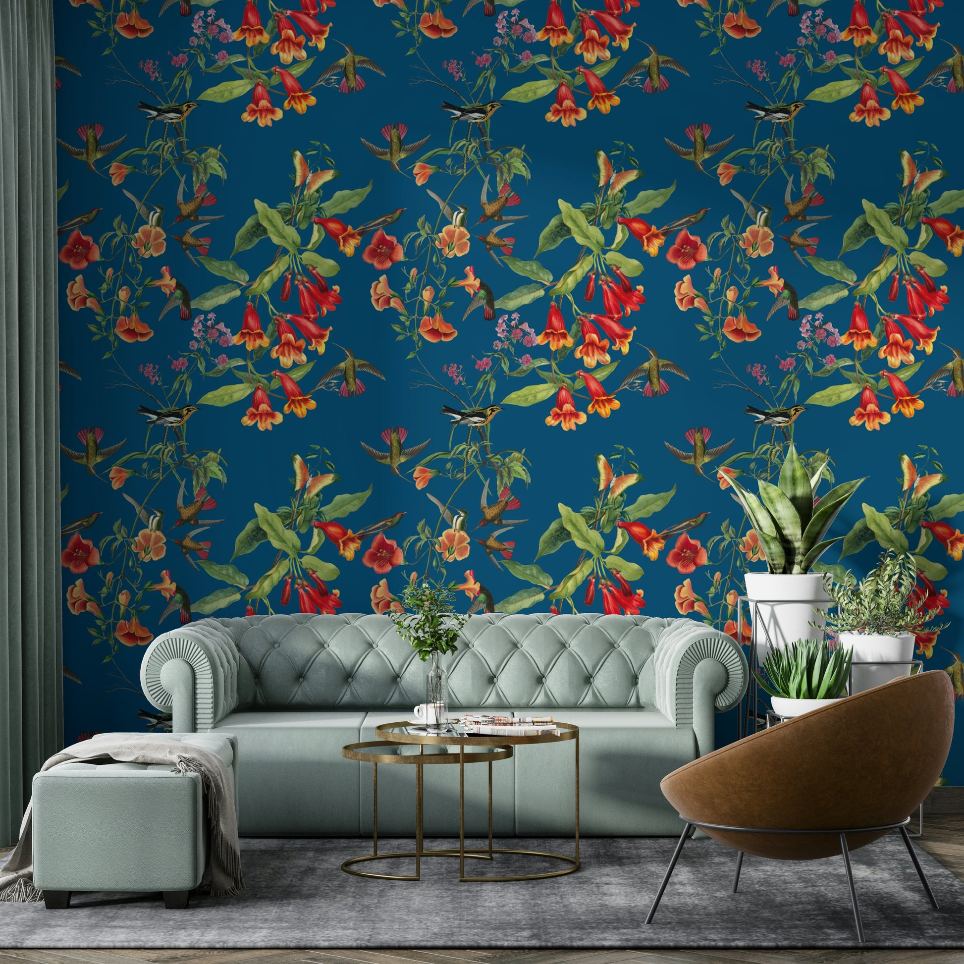 A beautiful wide-angle wall mural of delicate birds.

