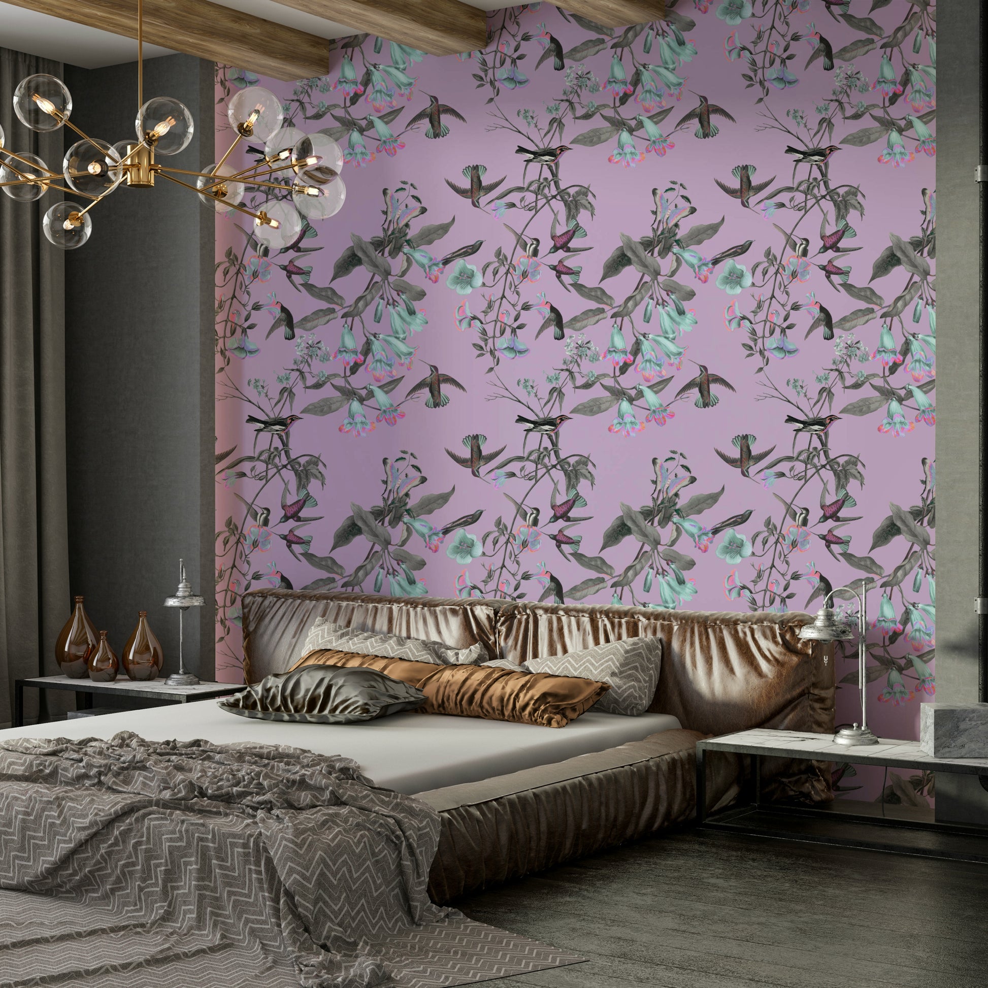 A beautiful fantasy floral wallpaper mural with exotic birds.

