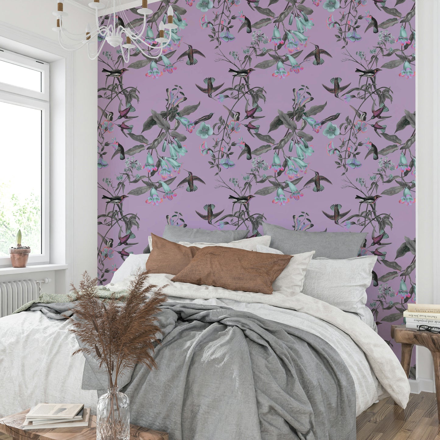 An artistic whimsical bird mural for home decor.

