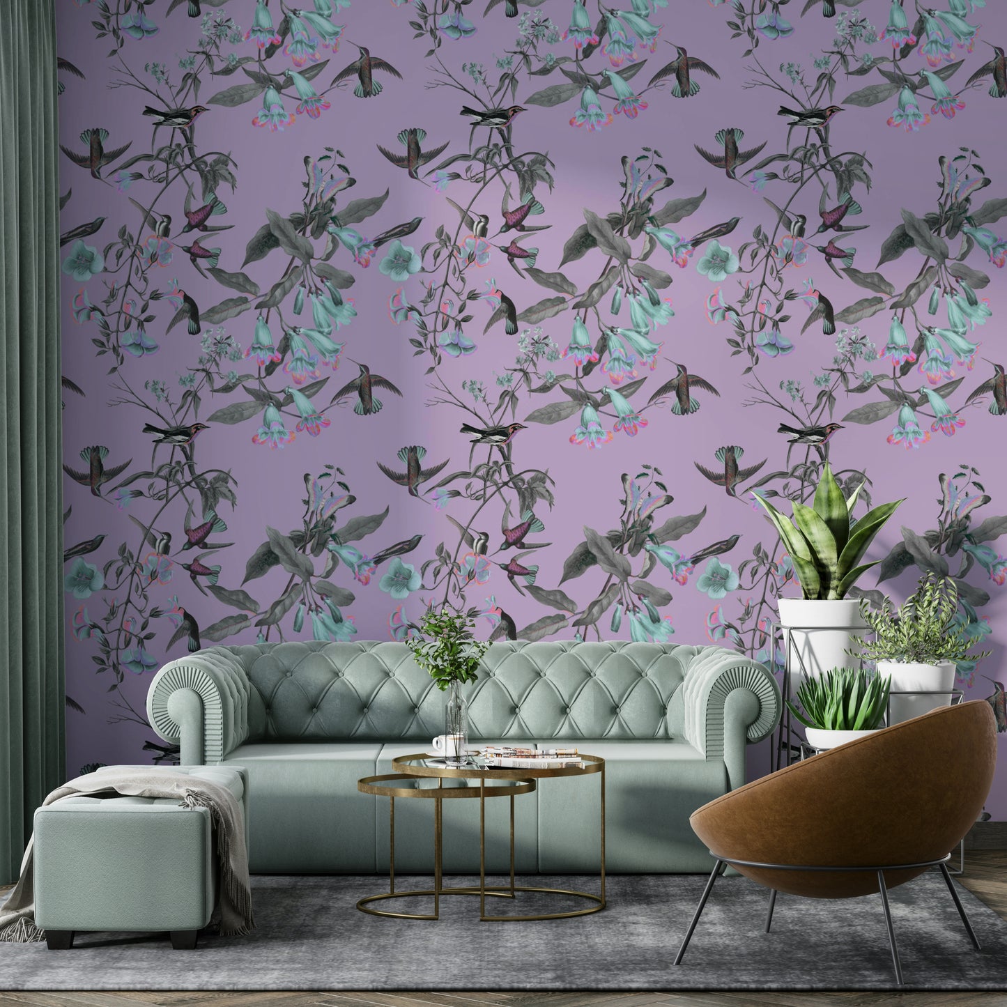 A beautiful tropical garden wall mural for a living room.

