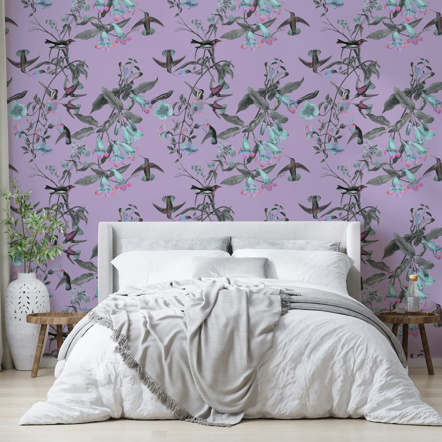 A serene feather and bloom wall mural for vibrant decor.

