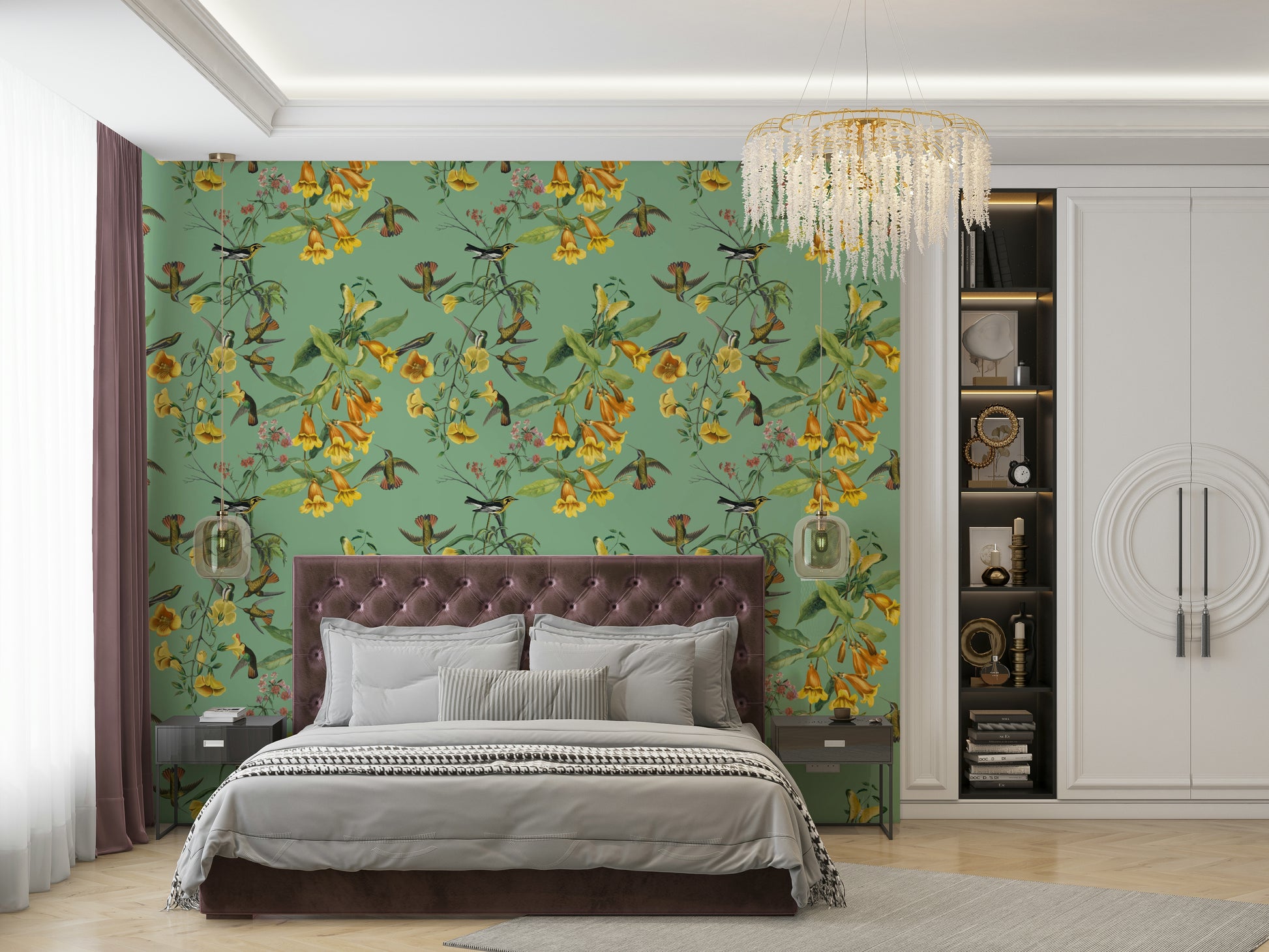 A beautiful tropical bird wall mural for a living room.

