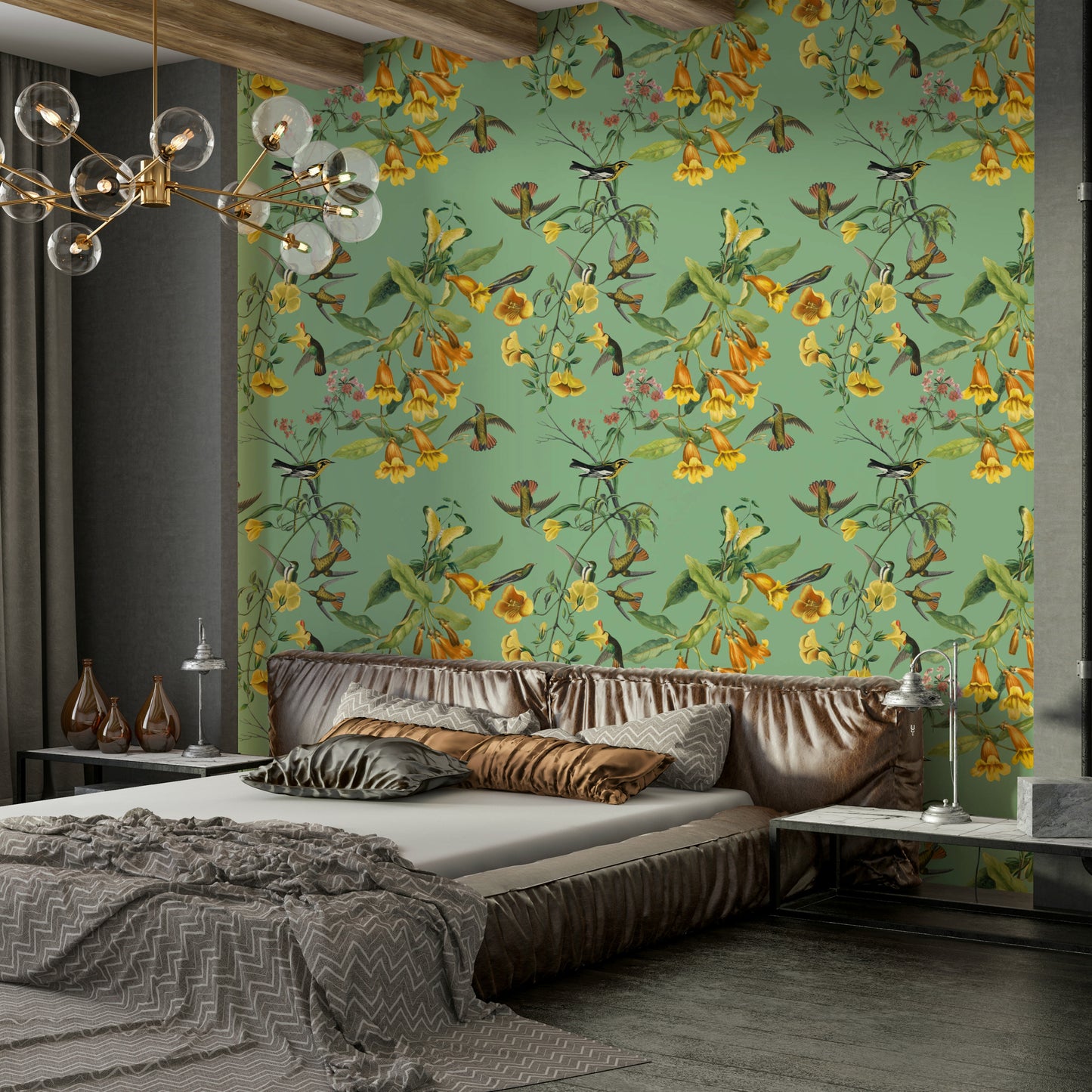 A peaceful botanical garden mural on decorative wallpaper.

