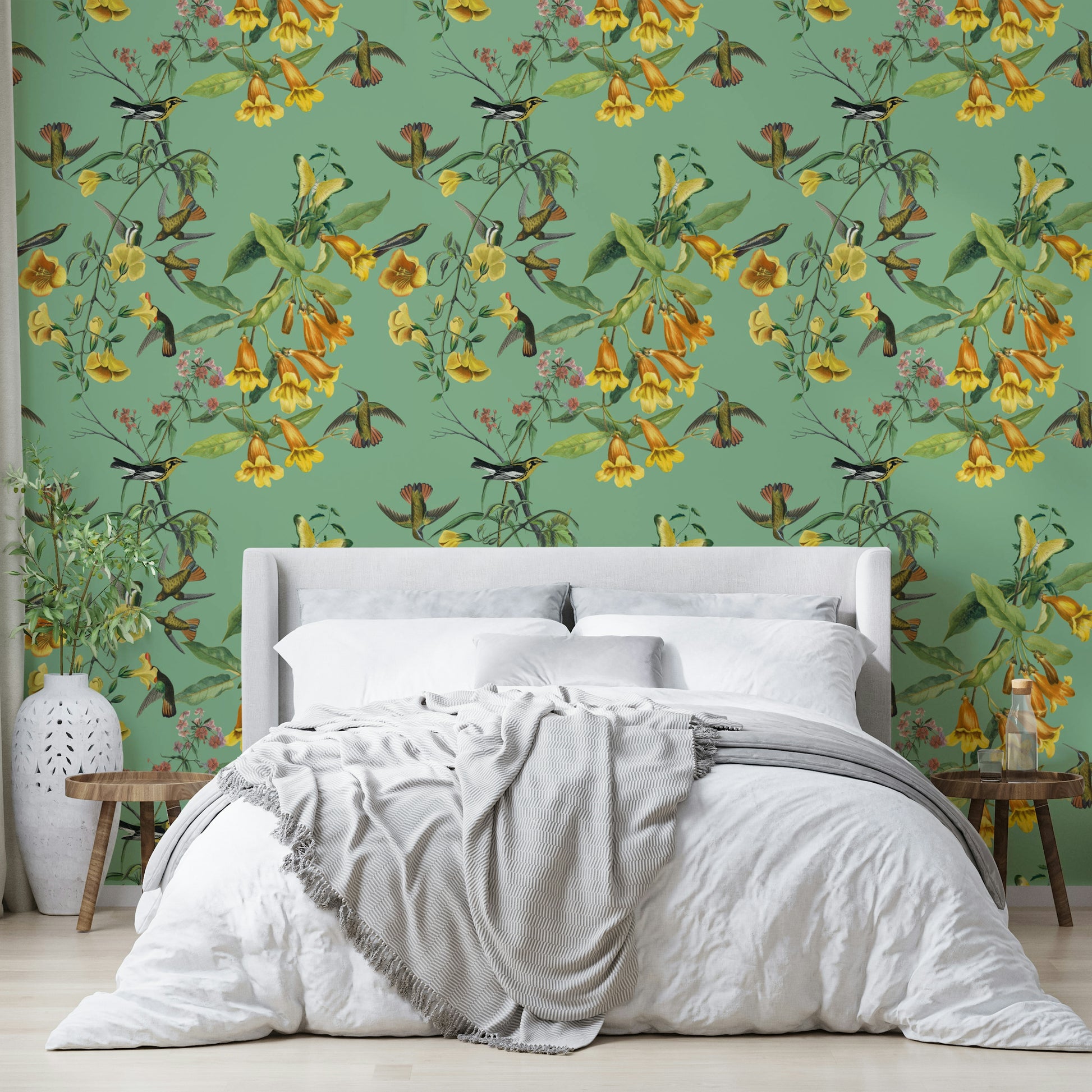 A beautiful botanical flight wallpaper mural with graceful birds.

