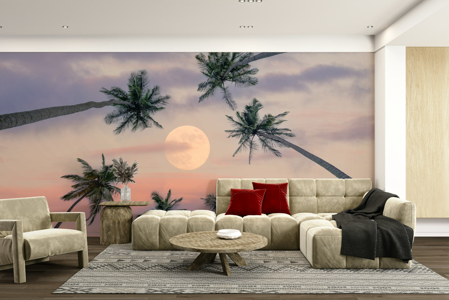 A graceful palm tree silhouette wall mural in twilight tones.

