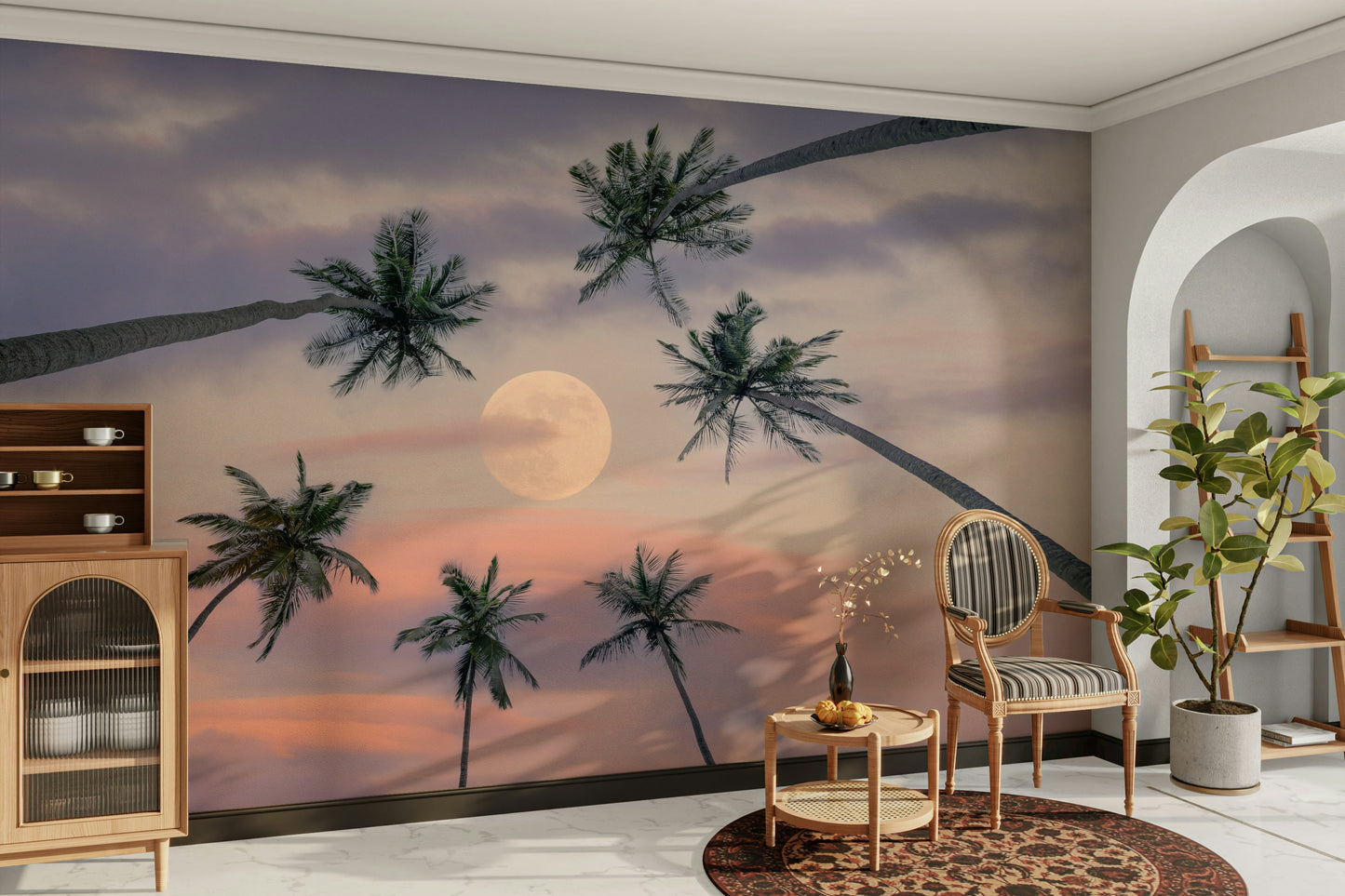 A peaceful tropical vista mural on decorative wallpaper.

