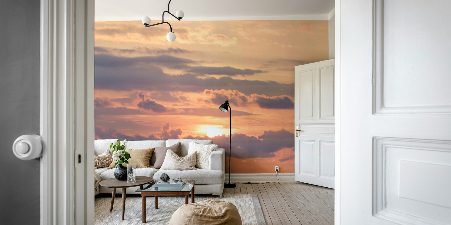 An artistic dramatic sunset mural on minimalist wallpaper.

