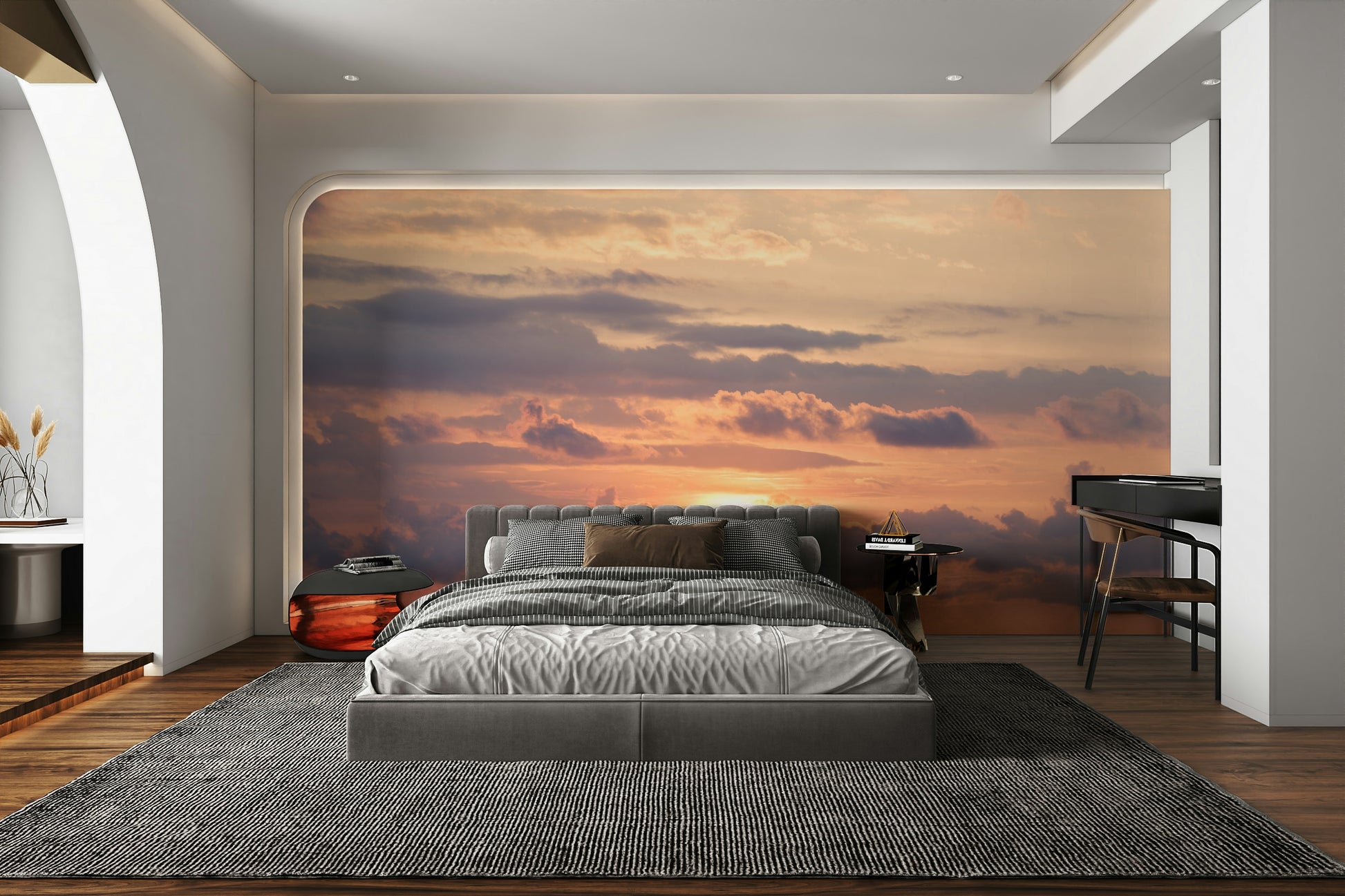 A graceful subtle cloud wall mural in warm, golden tones.

