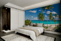 A graceful subtle palm tree wall mural in bright, natural tones.

