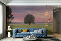 A peaceful moonlight vista mural on decorative wallpaper.

