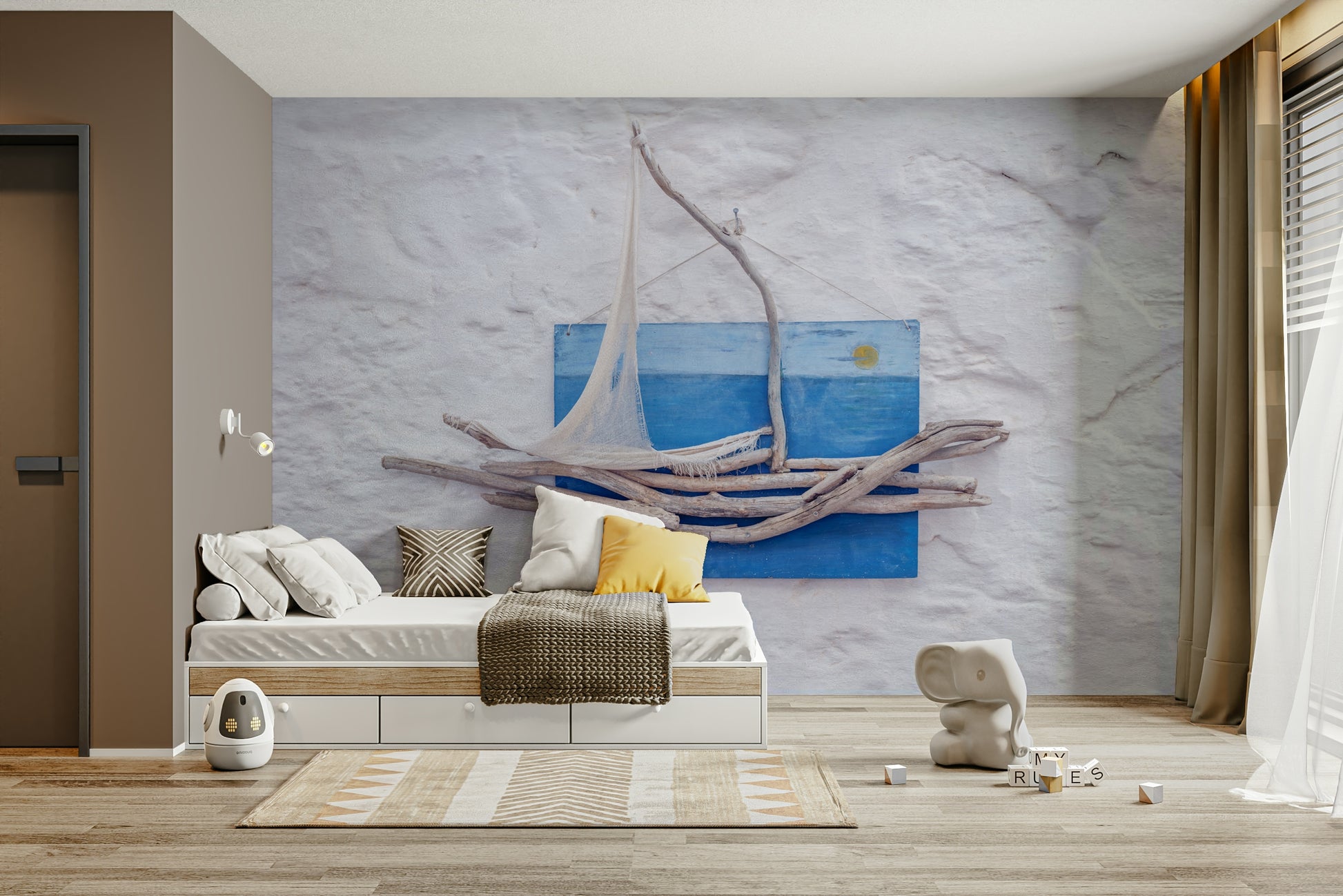 A peaceful open ocean mural on decorative wallpaper.


