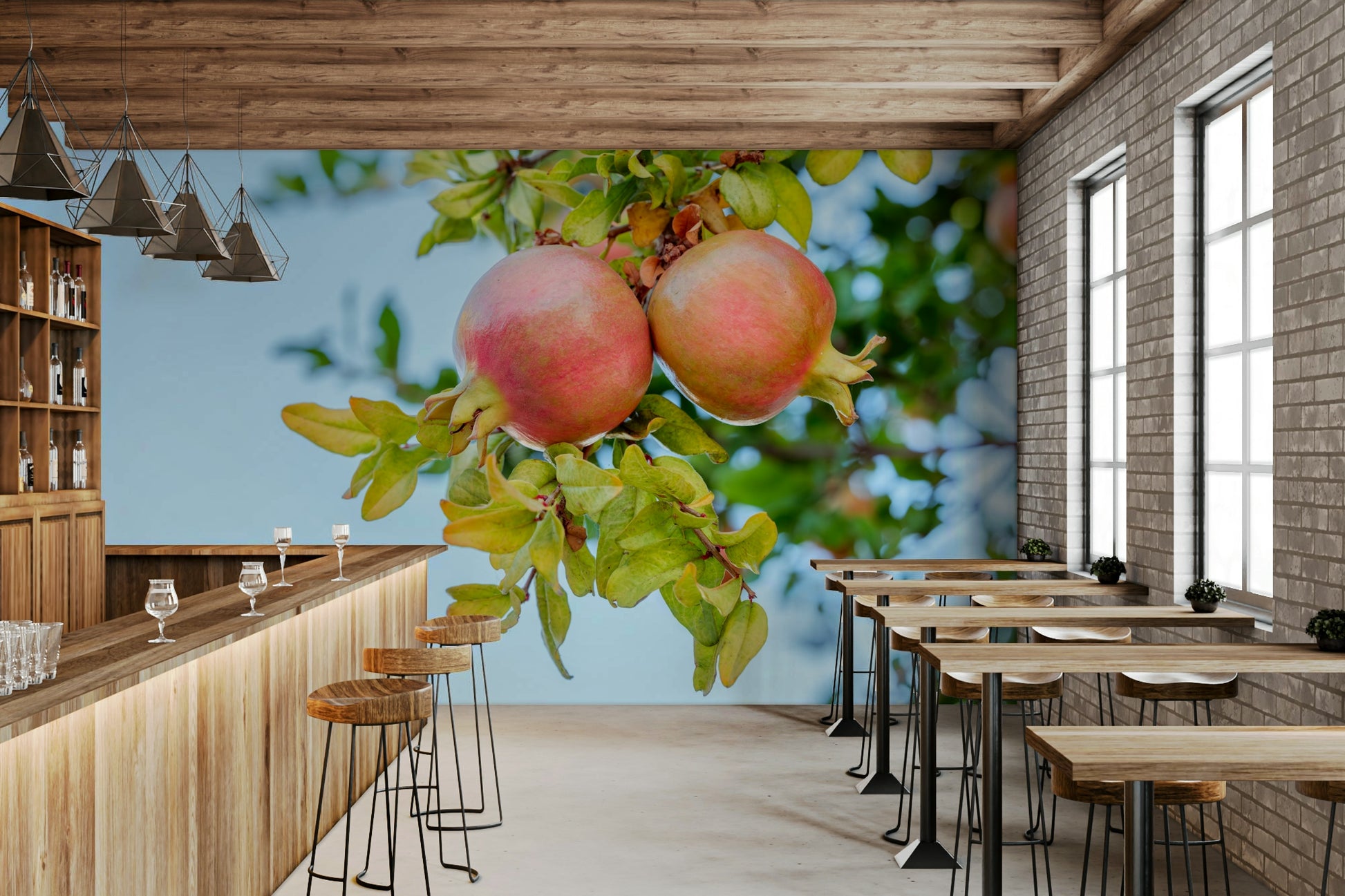 A beautiful wide-angle wall mural of an orchard.

