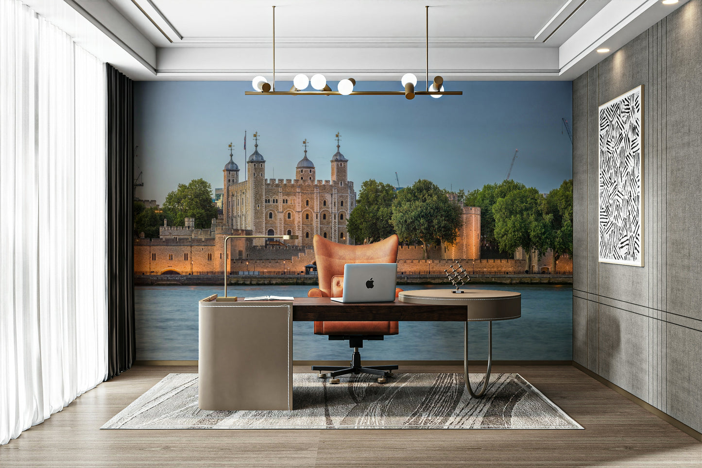 A peaceful historic city mural on decorative wallpaper.


