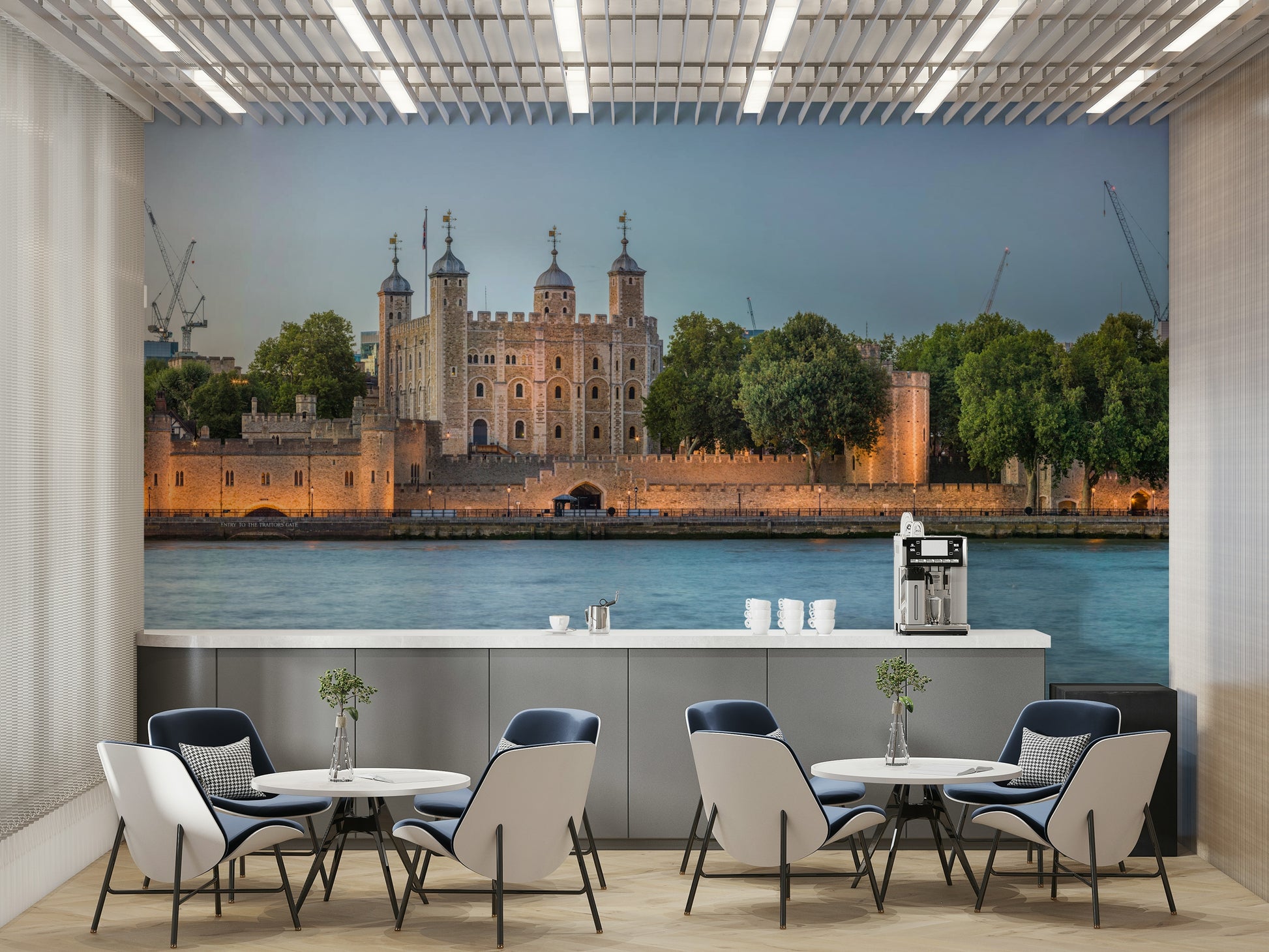 A graceful subtle architecture wall mural in cool, natural tones.

