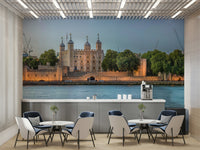 A graceful subtle architecture wall mural in cool, natural tones.

