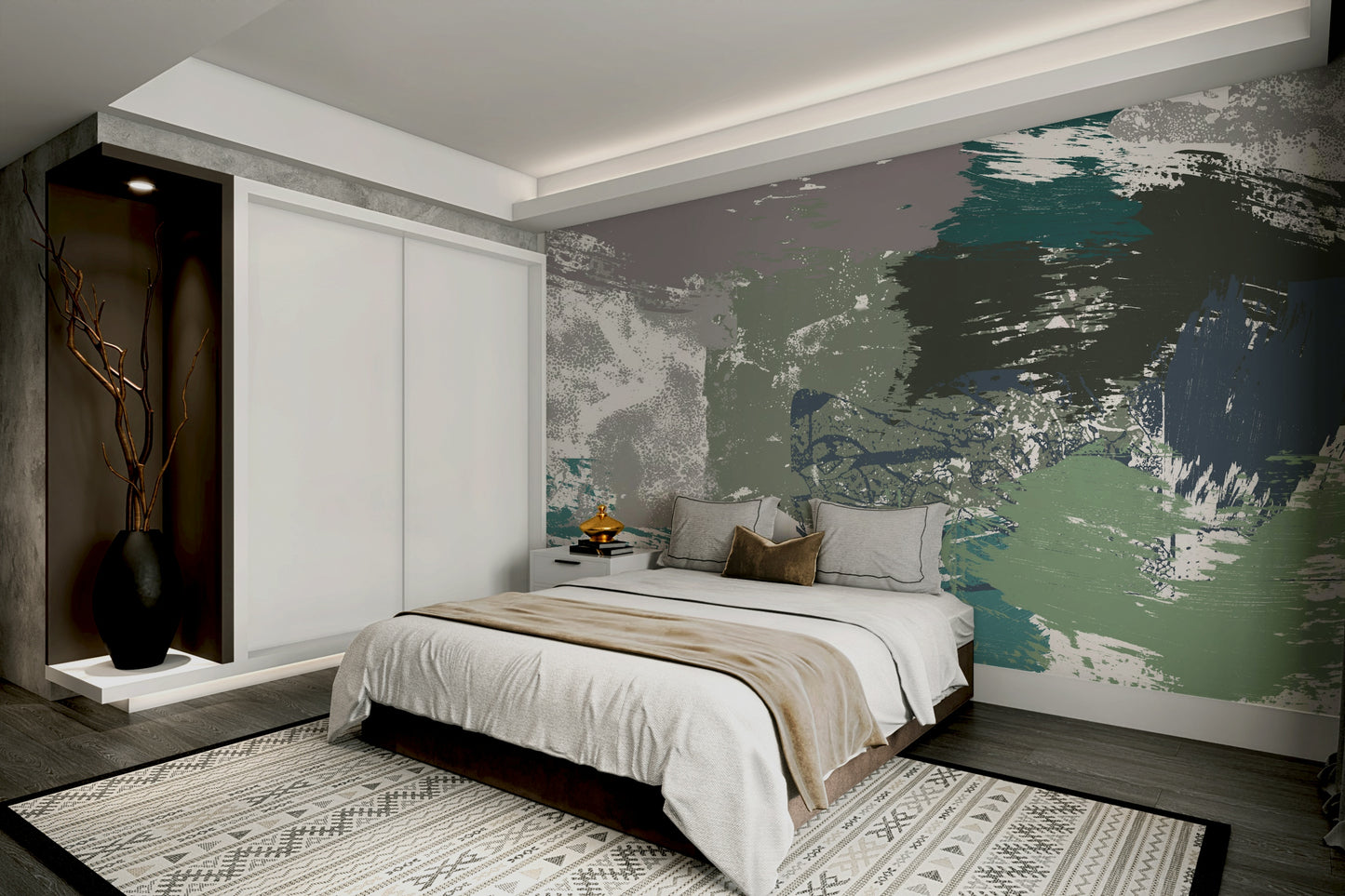 A calming granite pattern wallpaper mural that defines a space.

