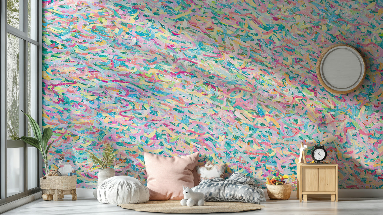 A beautiful whimsical candy wallpaper mural with colorful sweets.

