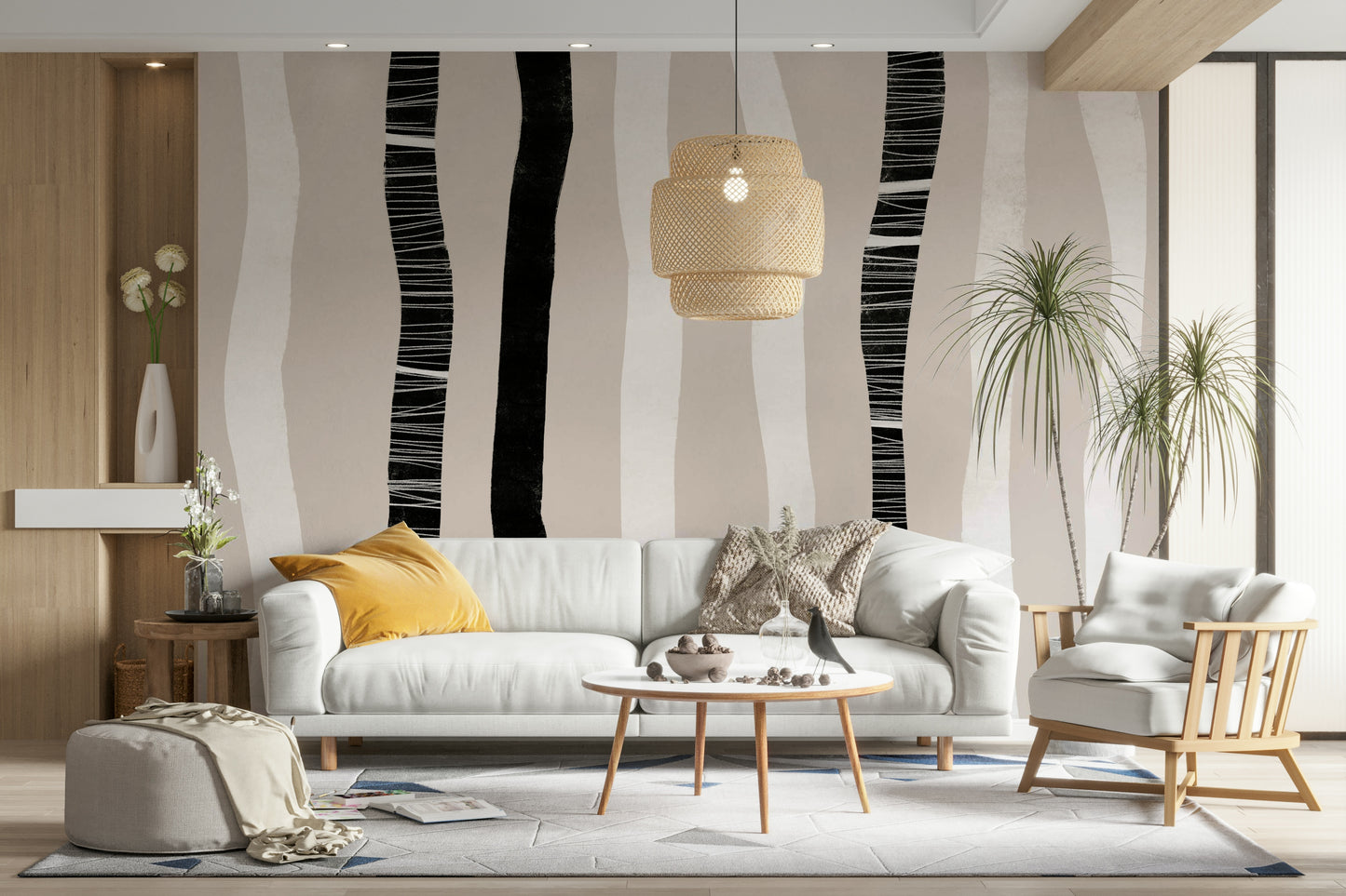 An artistic natural birch mural on minimalist wallpaper.

