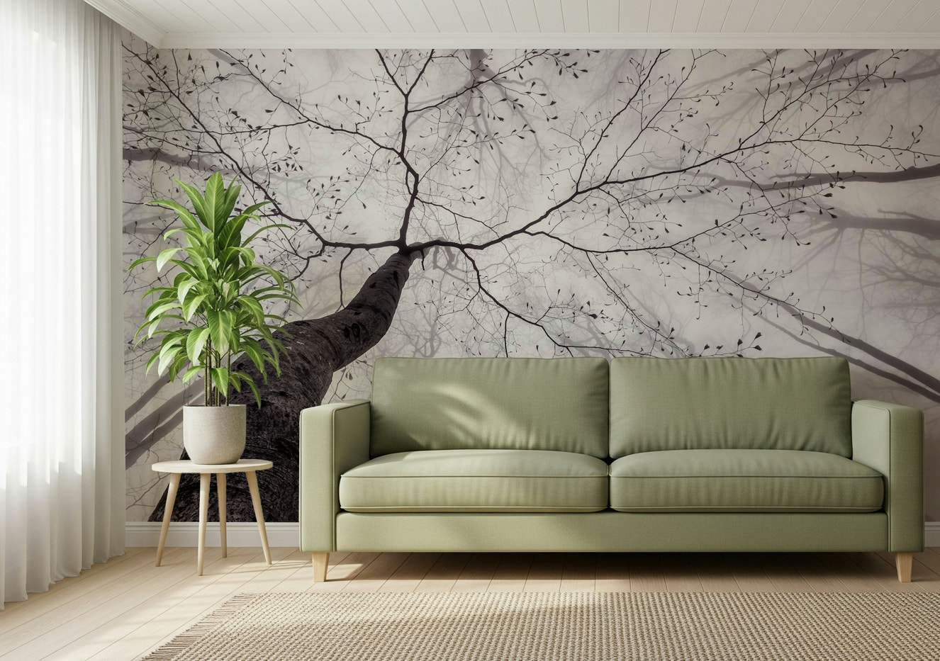 A beautiful serene forest wallpaper mural with subtle light.

