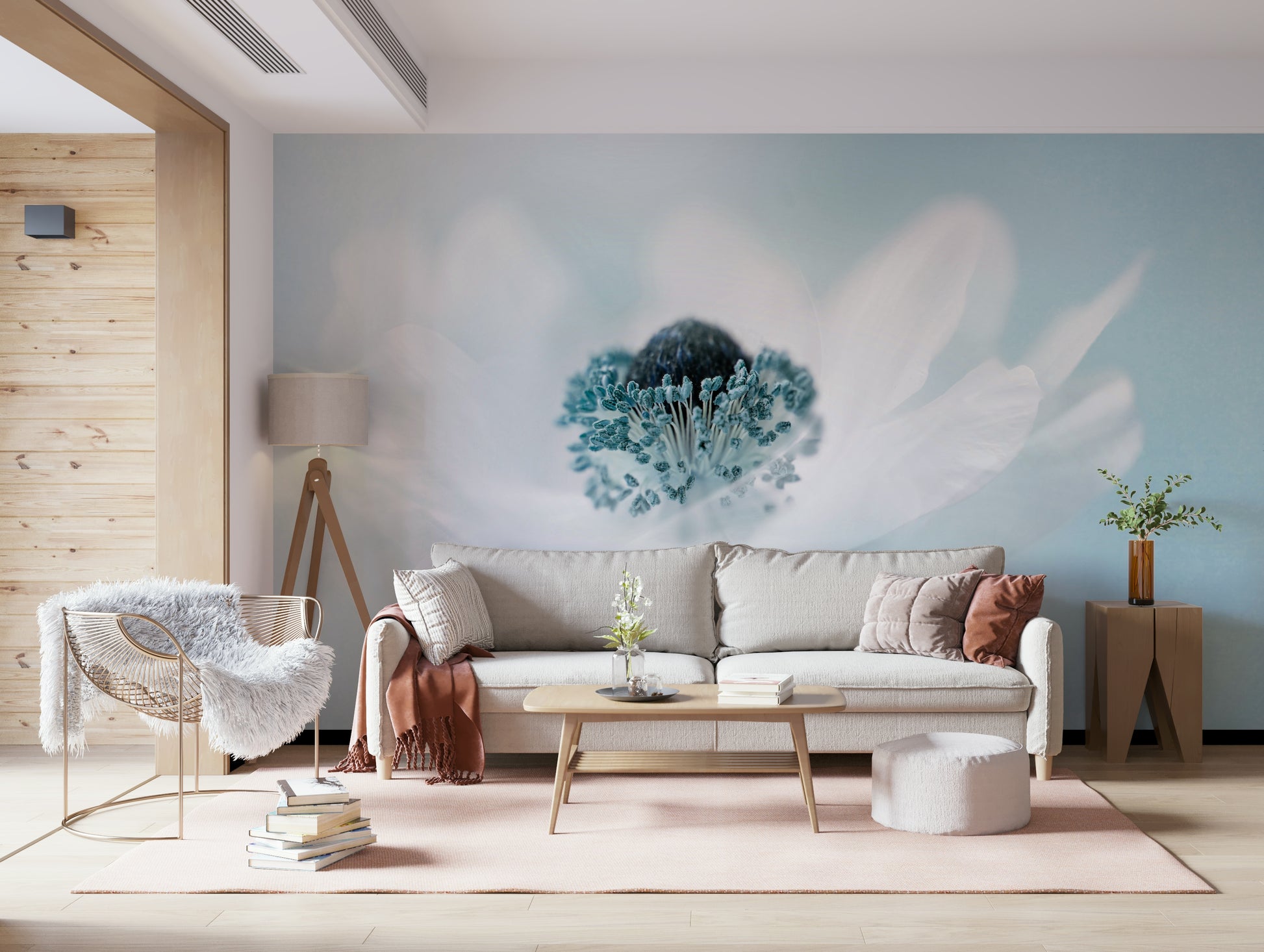 A beautiful modern art wall mural of delicate flowers.

