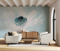 A calming floral design wallpaper mural that defines a space.

