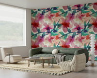 A peaceful painted garden mural on decorative wallpaper.

