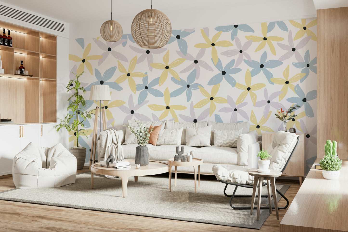 A peaceful flower design mural on decorative wallpaper.

