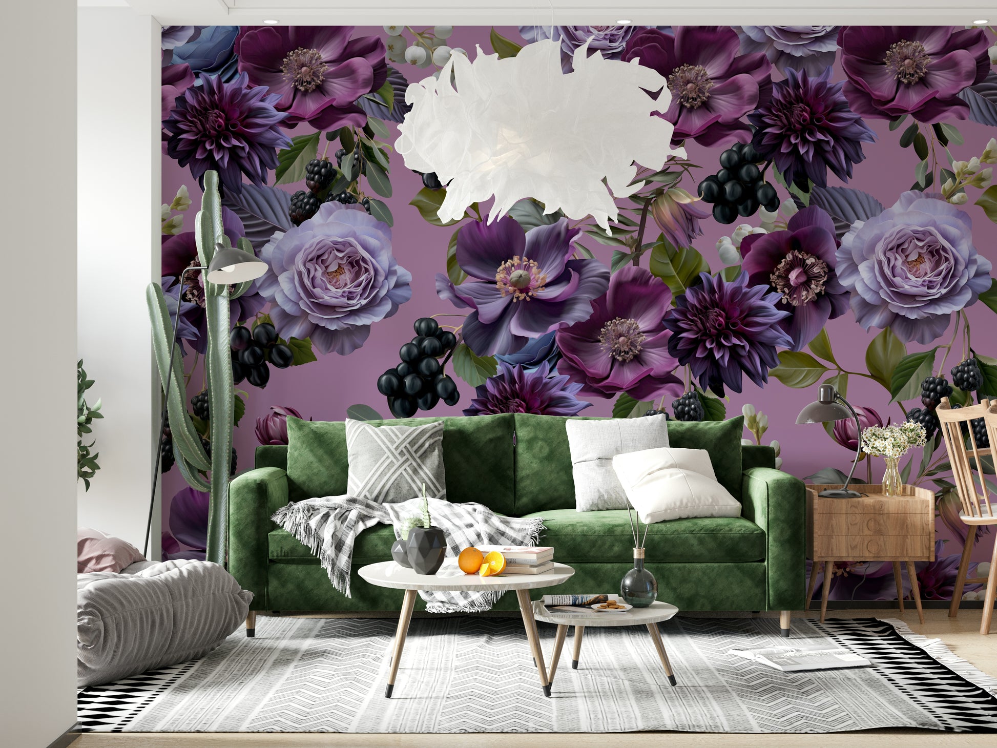 A serene elegant flower wall mural for dramatic decor.

