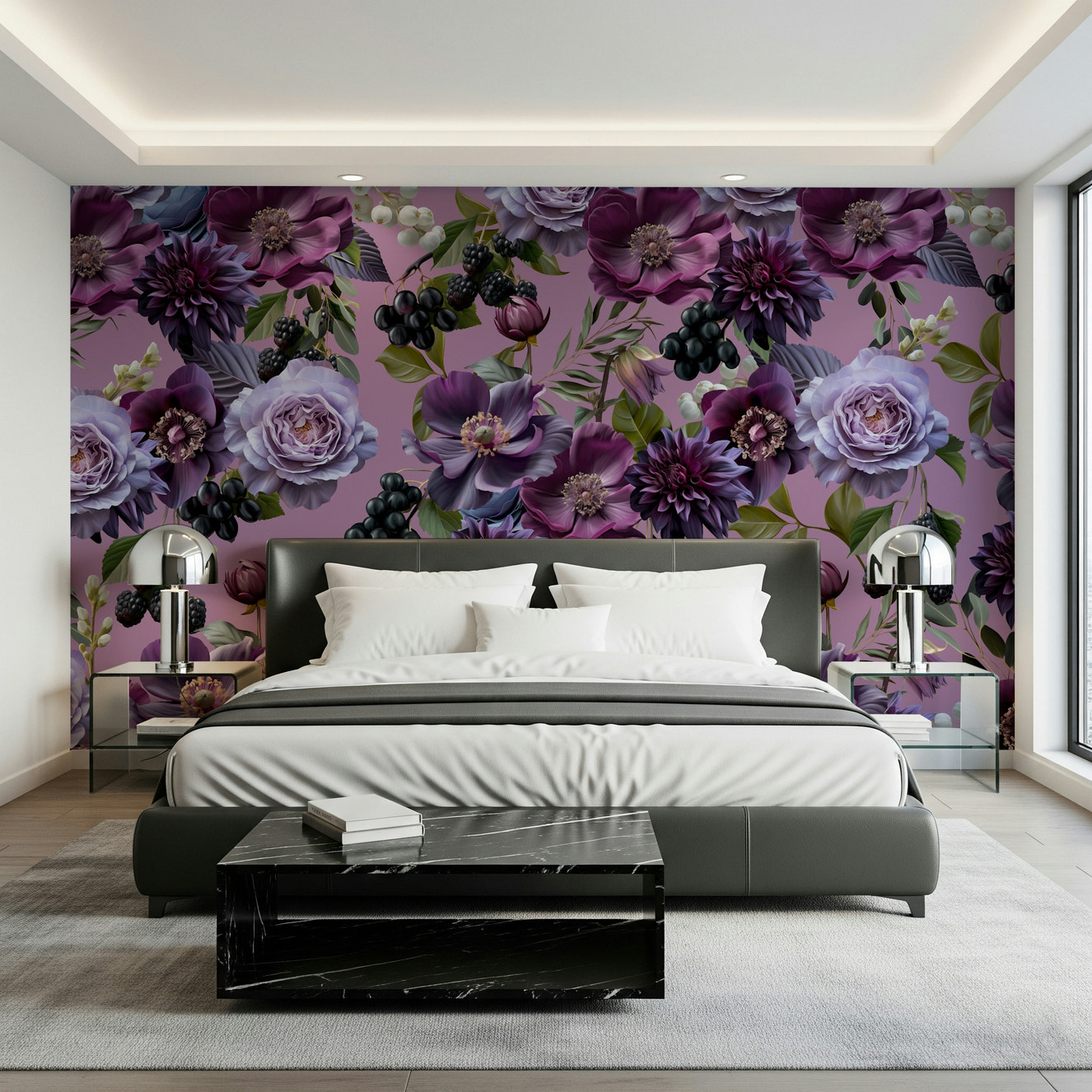 A beautiful dark floral wallpaper mural for a luxury home.

