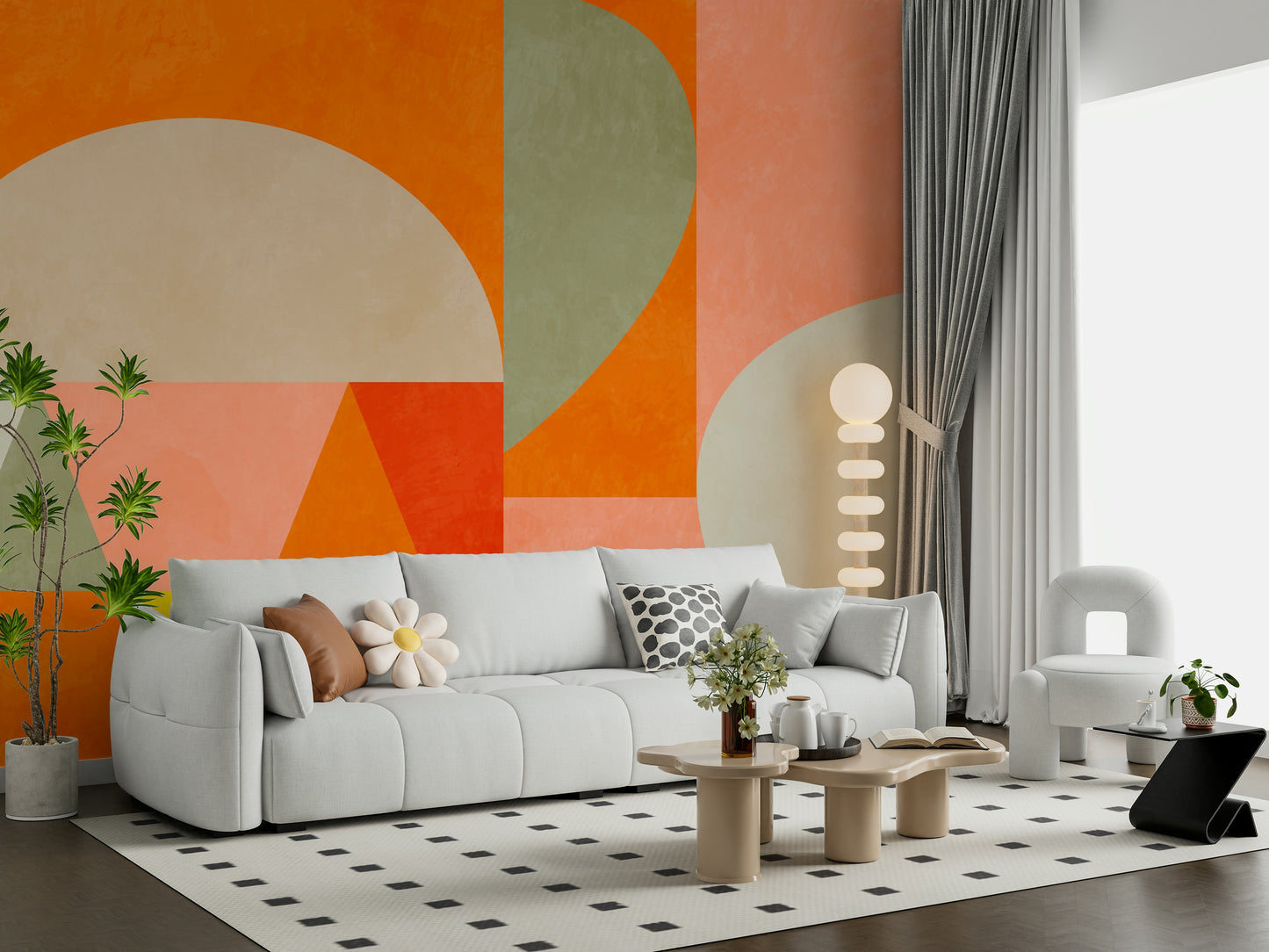 A calming modern design wallpaper mural that defines a space.

