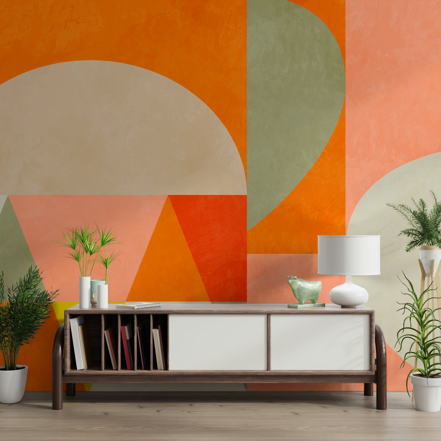 An artistic terracotta mural on minimalist wallpaper.

