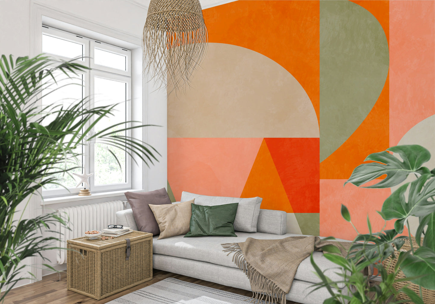 A peaceful geometric design mural on decorative wallpaper.

