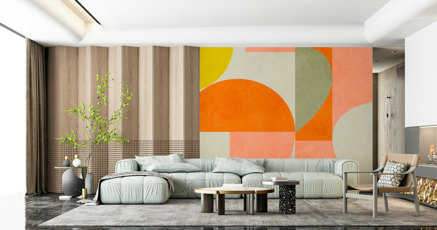A peaceful mid-century modern mural on decorative wallpaper.

