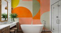 An artistic abstract shape mural on minimalist wallpaper.

